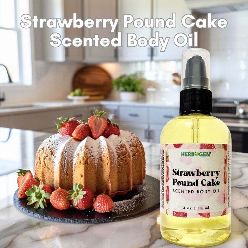 Strawberry Pound Cake Body Oil, 4 oz pump bottle with Strawberry pound cake in background